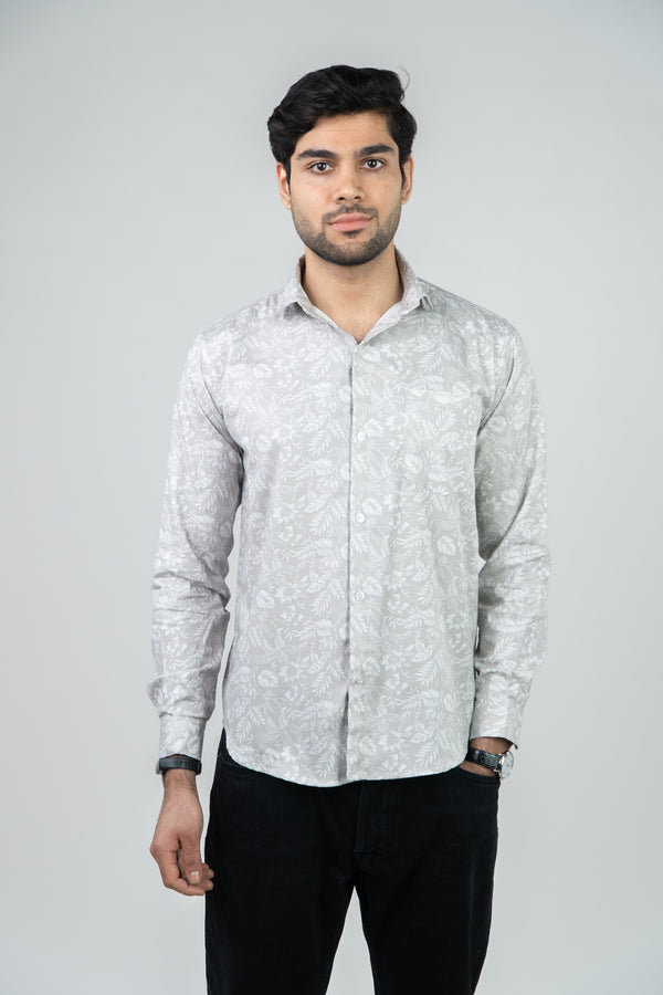 Grey Floral Printed Full Sleeves Mens Shirt