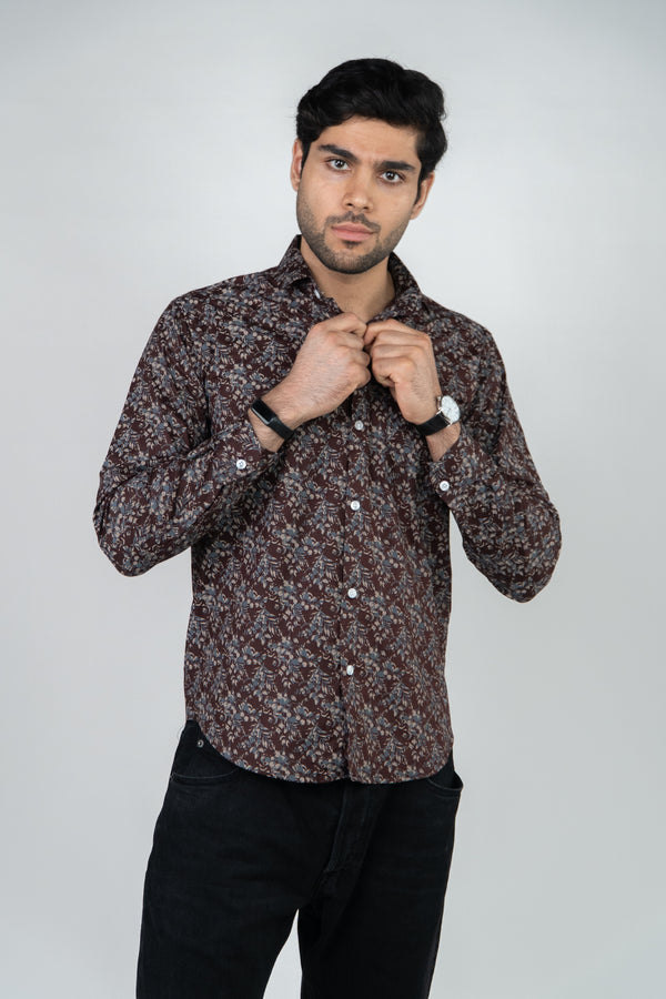 Maroon Floral Printed Full Sleeves Mens Shirt