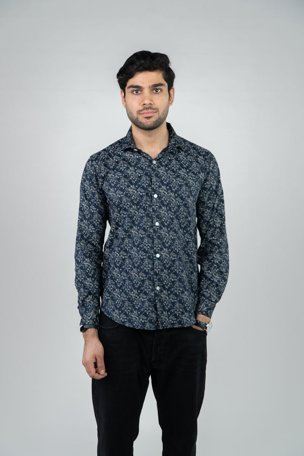 Navy Blue Floral Printed Full Sleeves Mens Shirt