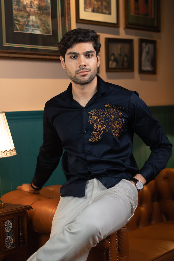 Plain Navy Blue Giza Satin Shirt with Animal-Shaped Print for Men