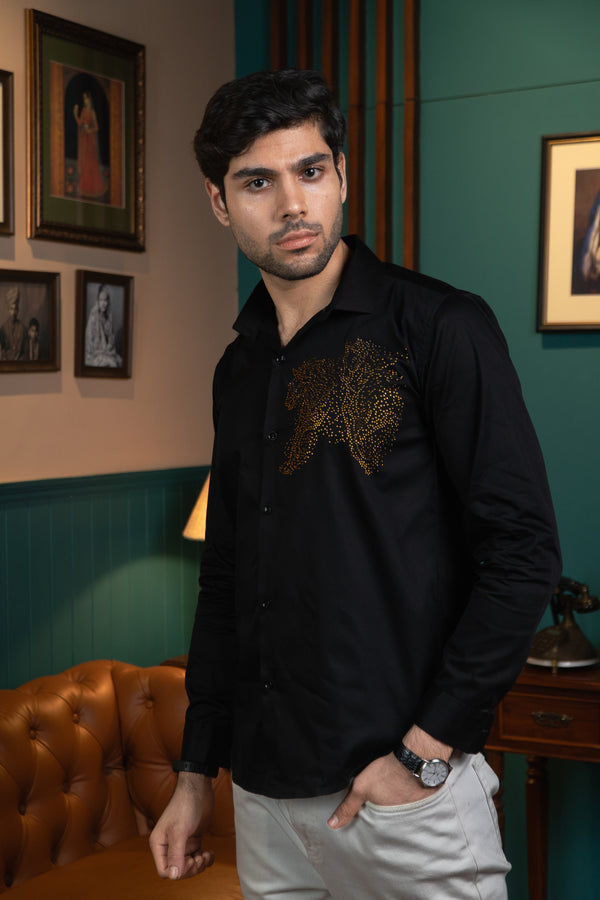 Plain Black Giza Satin Shirt with Animal-Shaped Print for Men