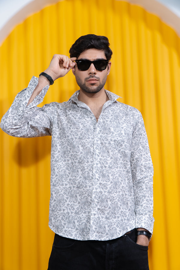 Light Grey Floral Printed Full Sleeves Mens Shirt
