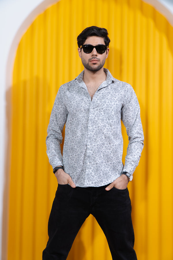 Dark Grey Floral Printed Full Sleeves Mens Shirt