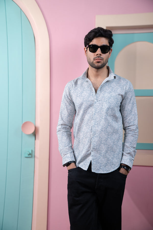 Spanish Green Floral Printed Full Sleeves Mens Shirt