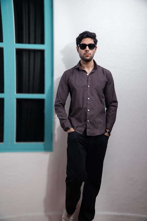 Wine Symetrical Zigzag Lines Print Full Sleeves Shirt