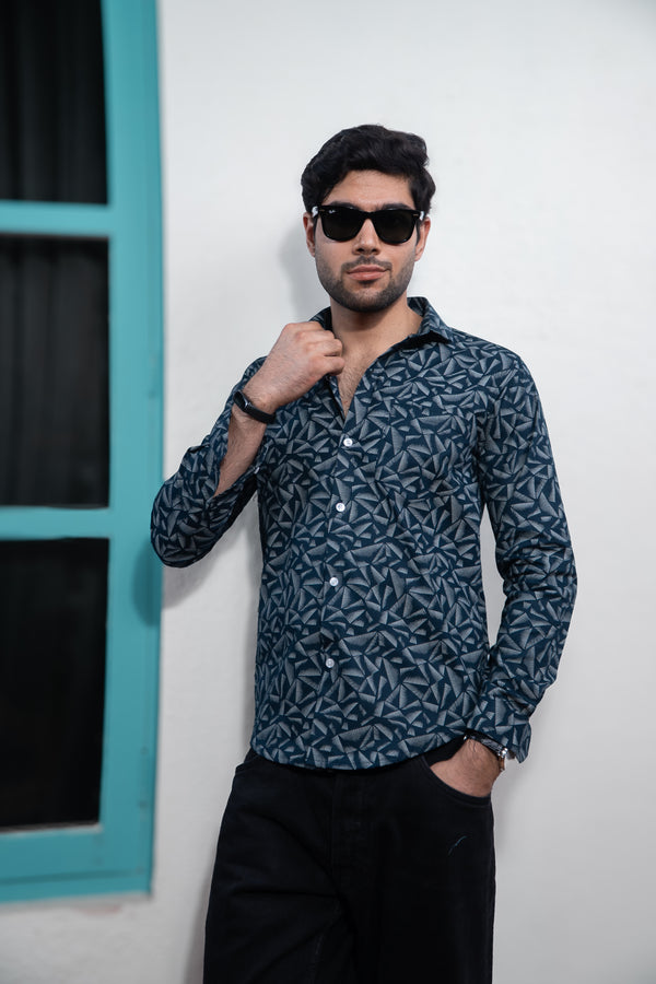 Bottle Green Floral Printed Full Sleeves Mens Shirt