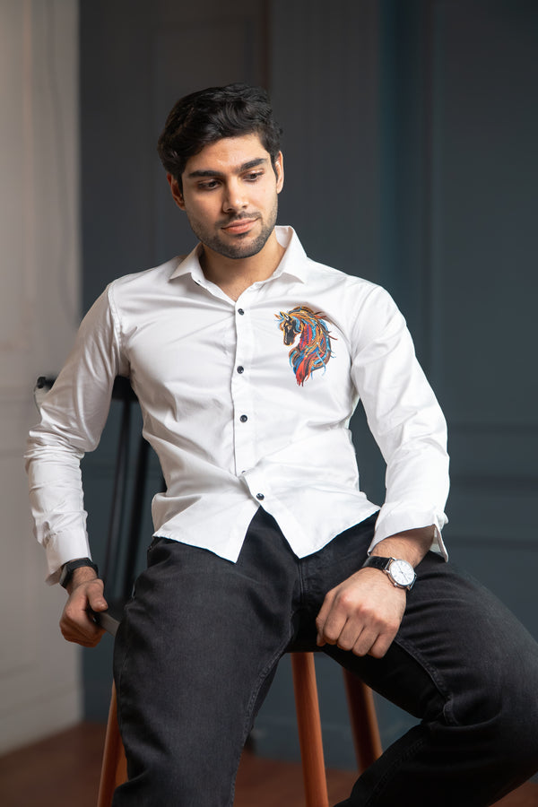 Plain White Giza Satin Shirt with Animal-Shaped Print for Men