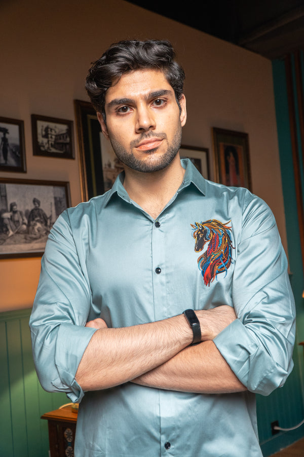 Plain Sea Green Giza Satin Shirt with Animal-Shaped Print for Men