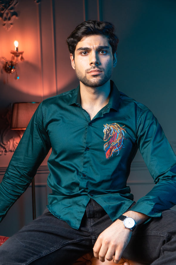Plain Bottle Green Giza Satin Shirt with Animal-Shaped Print for Men