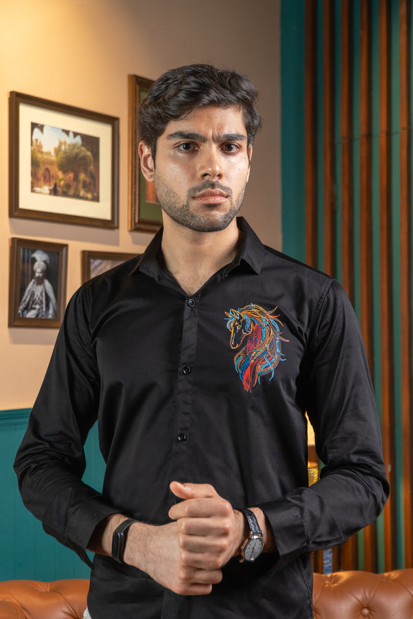 Plain Black Giza Satin Shirt with Animal-Shaped Print for Men