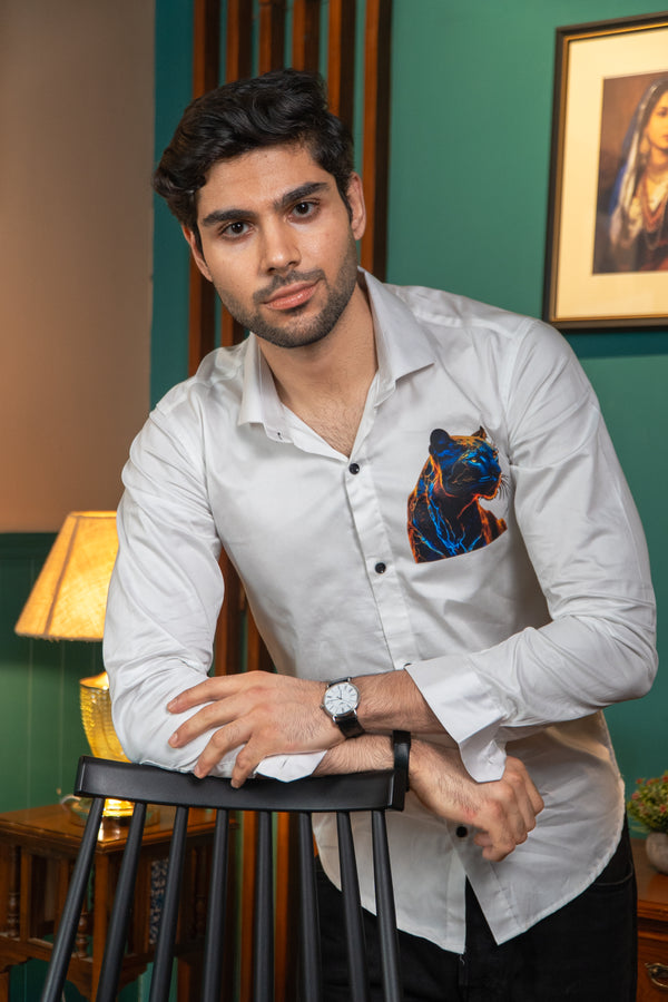 Plain White Giza Satin Shirt with Animal-Shaped Print for Men