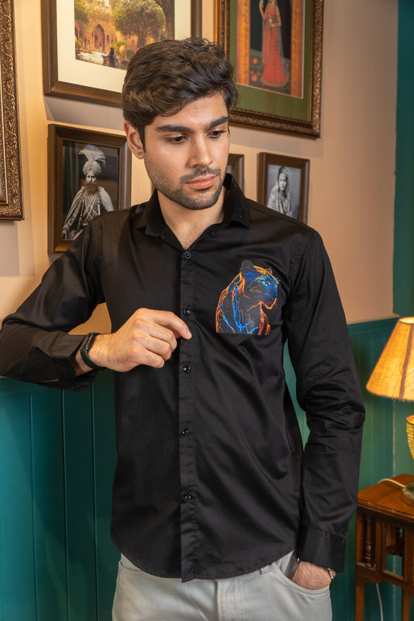 Plain Black Giza Satin Shirt with Animal-Shaped Print for Men