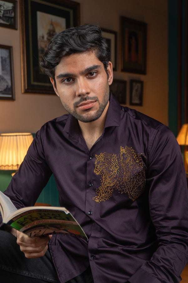 Plain Wine Giza Satin Shirt with Animal-Shaped Print for Men