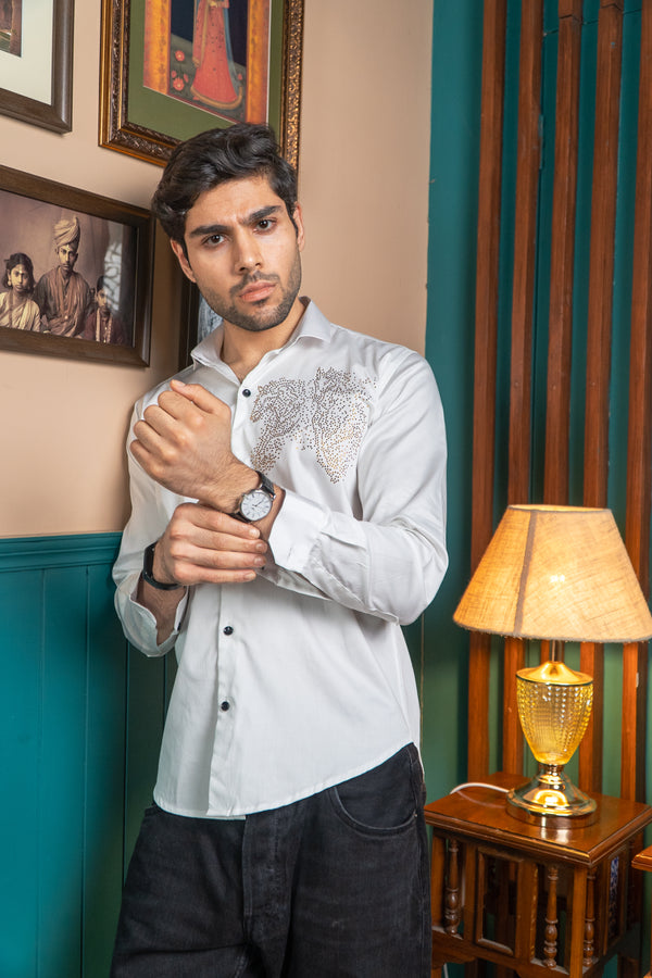 Plain White Giza Satin Shirt with Animal-Shaped Print for Men