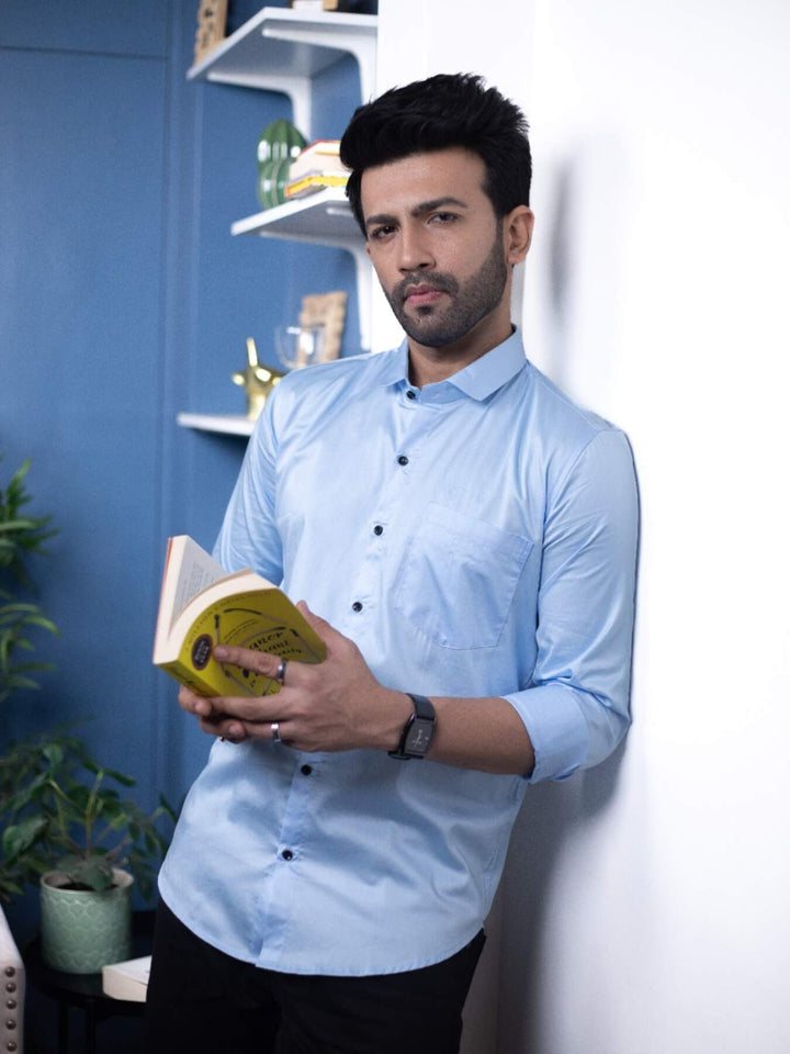Plain Sky Blue Satin Men's Shirt | Versatile and Stylish | Premium Shirts | Luxury Cotton & Designer Styles| Tavasaa | [2025]