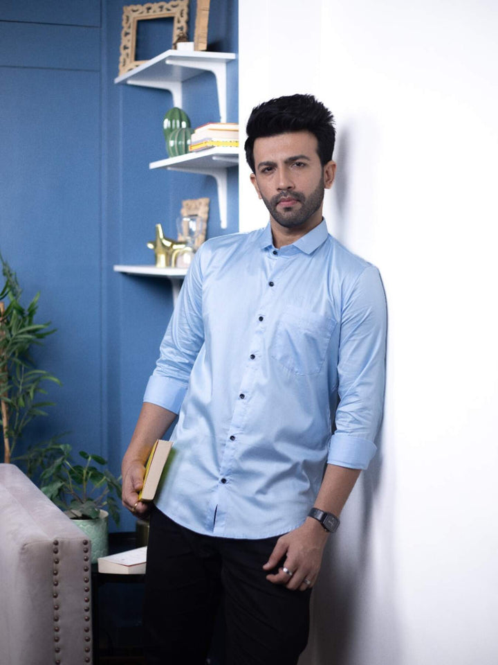 Plain Sky Blue Satin Men's Shirt | Versatile and Stylish | Premium Shirts | Luxury Cotton & Designer Styles| Tavasaa | [2025]