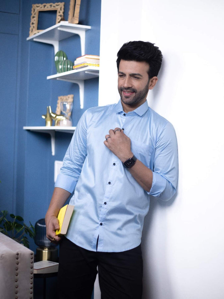Plain Sky Blue Satin Men's Shirt | Versatile and Stylish | Premium Shirts | Luxury Cotton & Designer Styles| Tavasaa | [2025]