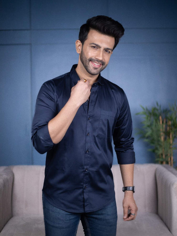 Plain Navy Blue Satin Men's Shirt | Versatile and Stylish | Premium Shirts | Luxury Cotton & Designer Styles| Tavasaa | [2025]
