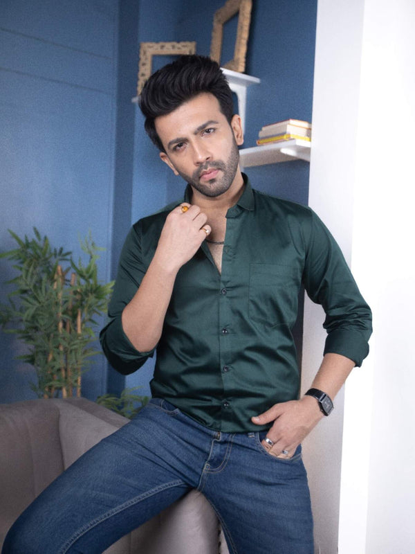 Plain Bottle Green Satin Men's Shirt | Versatile and Stylish | Premium Shirts | Luxury Cotton & Designer Styles| Tavasaa | [2025]