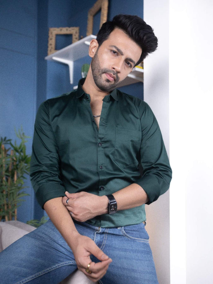 Plain Bottle Green Satin Men's Shirt | Versatile and Stylish | Premium Shirts | Luxury Cotton & Designer Styles| Tavasaa | [2025]