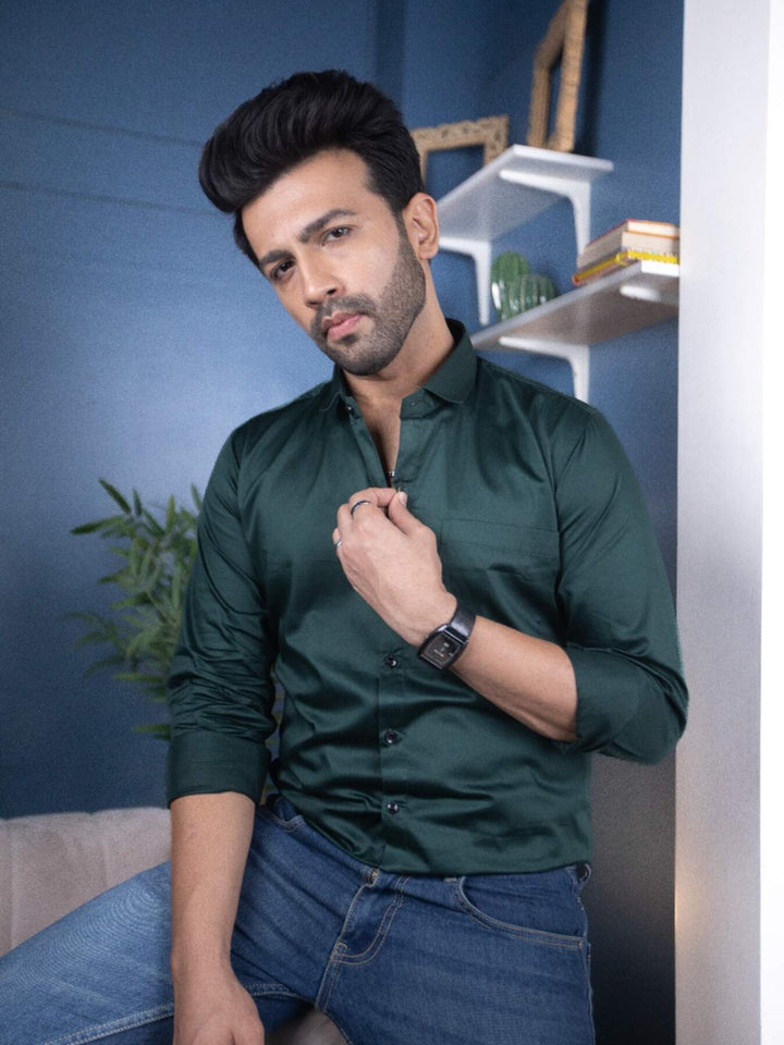 Plain Bottle Green Satin Men's Shirt | Versatile and Stylish | Premium Shirts | Luxury Cotton & Designer Styles| Tavasaa | [2025]