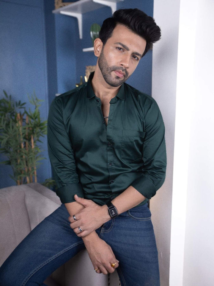 Plain Bottle Green Satin Men's Shirt | Versatile and Stylish | Premium Shirts | Luxury Cotton & Designer Styles| Tavasaa | [2025]