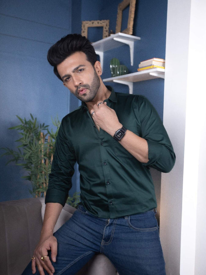 Plain Bottle Green Satin Men's Shirt | Versatile and Stylish | Premium Shirts | Luxury Cotton & Designer Styles| Tavasaa | [2025]
