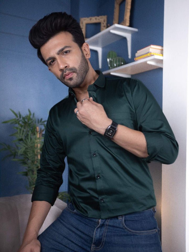 Plain Bottle Green Satin Men's Shirt | Versatile and Stylish | Premium Shirts | Luxury Cotton & Designer Styles| Tavasaa | [2025]