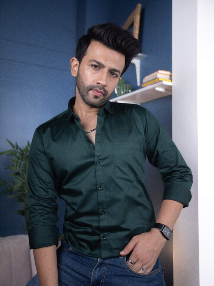 Plain Bottle Green Satin Men's Shirt | Versatile and Stylish | Premium Shirts | Luxury Cotton & Designer Styles| Tavasaa | [2025]