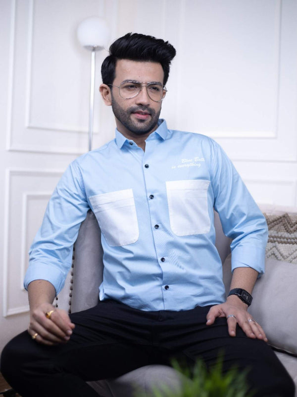 Men's Sky Blue Cotton Over Shirt - Fashionable Regular Fit with Double Pockets | Premium Shirts | Luxury Cotton & Designer Styles| Tavasaa | [2025]