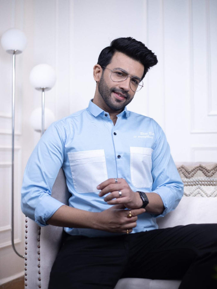 Men's Sky Blue Cotton Over Shirt - Fashionable Regular Fit with Double Pockets | Premium Shirts | Luxury Cotton & Designer Styles| Tavasaa | [2025]