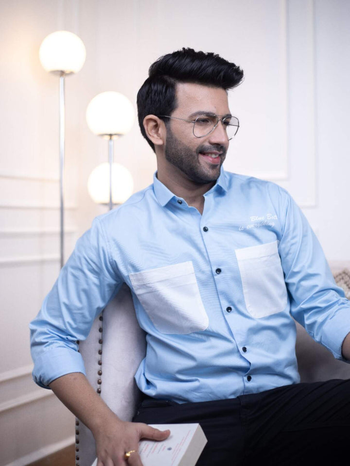 Men's Sky Blue Cotton Over Shirt - Fashionable Regular Fit with Double Pockets | Premium Shirts | Luxury Cotton & Designer Styles| Tavasaa | [2025]