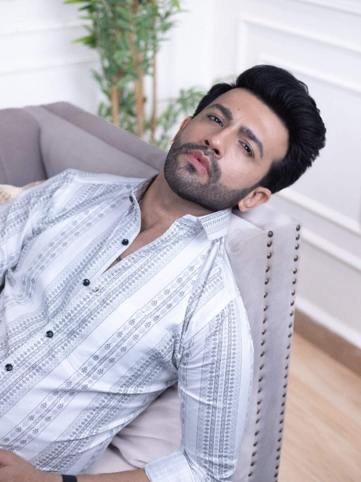 Stylish White Printed Cotton Shirt for Men | Full Sleeves, Regular Fit | Premium Shirts | Luxury Cotton & Designer Styles| Tavasaa | [2025]
