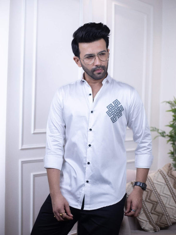 White Designer Shirt with Celtic Knot Print | Timeless Style | Premium Shirts | Luxury Cotton & Designer Styles| Tavasaa | [2025]