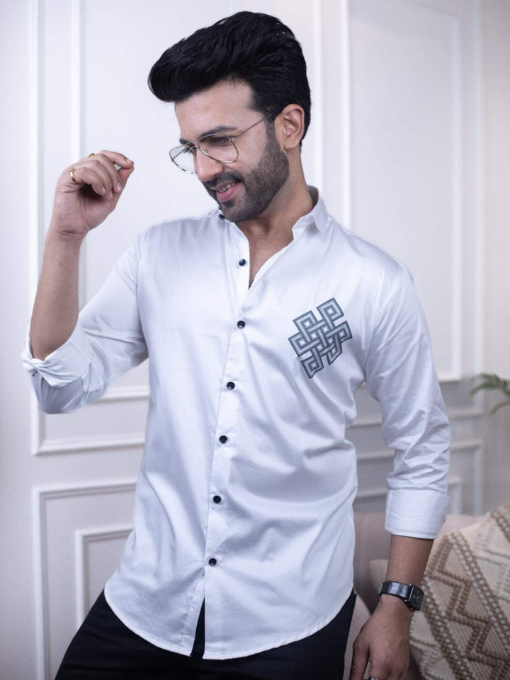 White Designer Shirt with Celtic Knot Print | Timeless Style | Premium Shirts | Luxury Cotton & Designer Styles| Tavasaa | [2025]