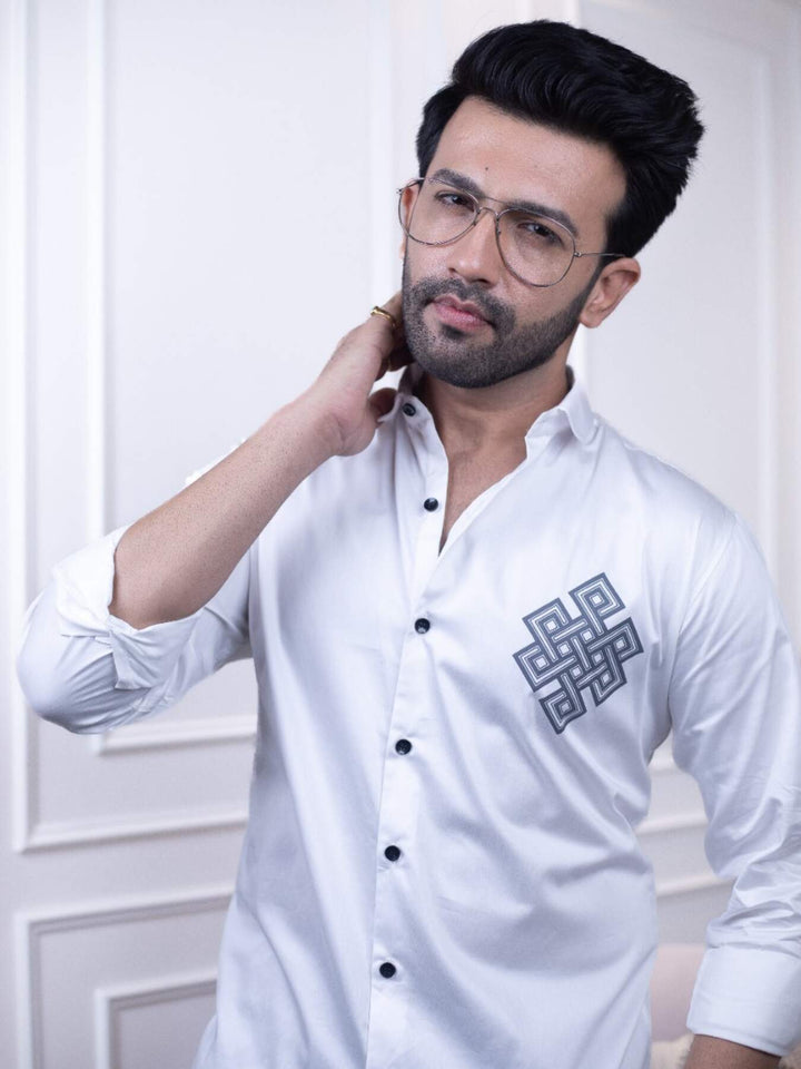 White Designer Shirt with Celtic Knot Print | Timeless Style | Premium Shirts | Luxury Cotton & Designer Styles| Tavasaa | [2025]