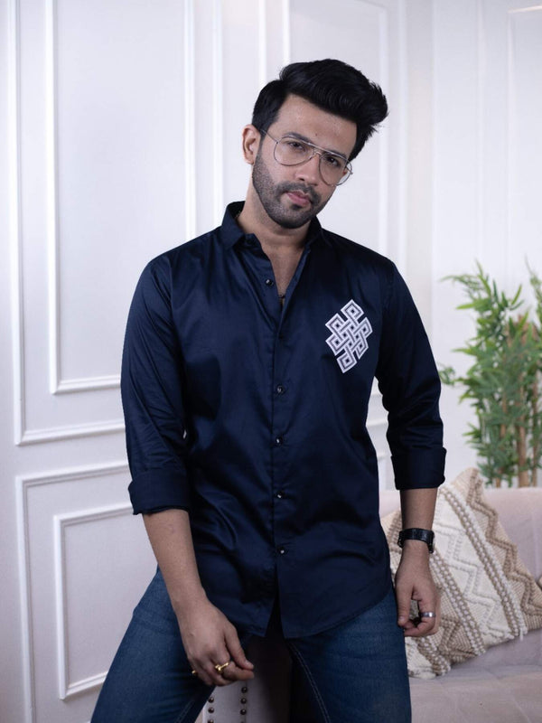 Navy Blue Designer Shirt with Celtic Knot Print | Timeless Style | Premium Shirts | Luxury Cotton & Designer Styles| Tavasaa | [2025]