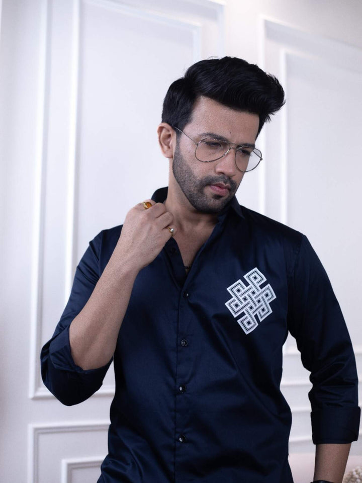Navy Blue Designer Shirt with Celtic Knot Print | Timeless Style | Premium Shirts | Luxury Cotton & Designer Styles| Tavasaa | [2025]