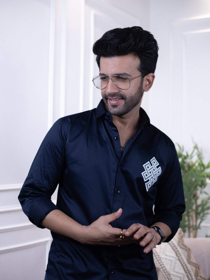 Navy Blue Designer Shirt with Celtic Knot Print | Timeless Style | Premium Shirts | Luxury Cotton & Designer Styles| Tavasaa | [2025]