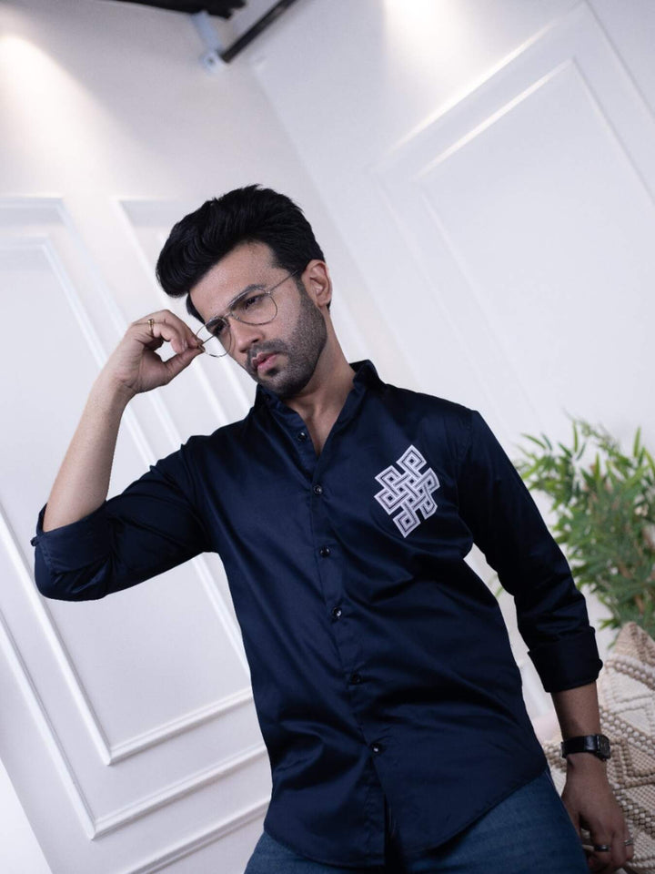 Navy Blue Designer Shirt with Celtic Knot Print | Timeless Style | Premium Shirts | Luxury Cotton & Designer Styles| Tavasaa | [2025]